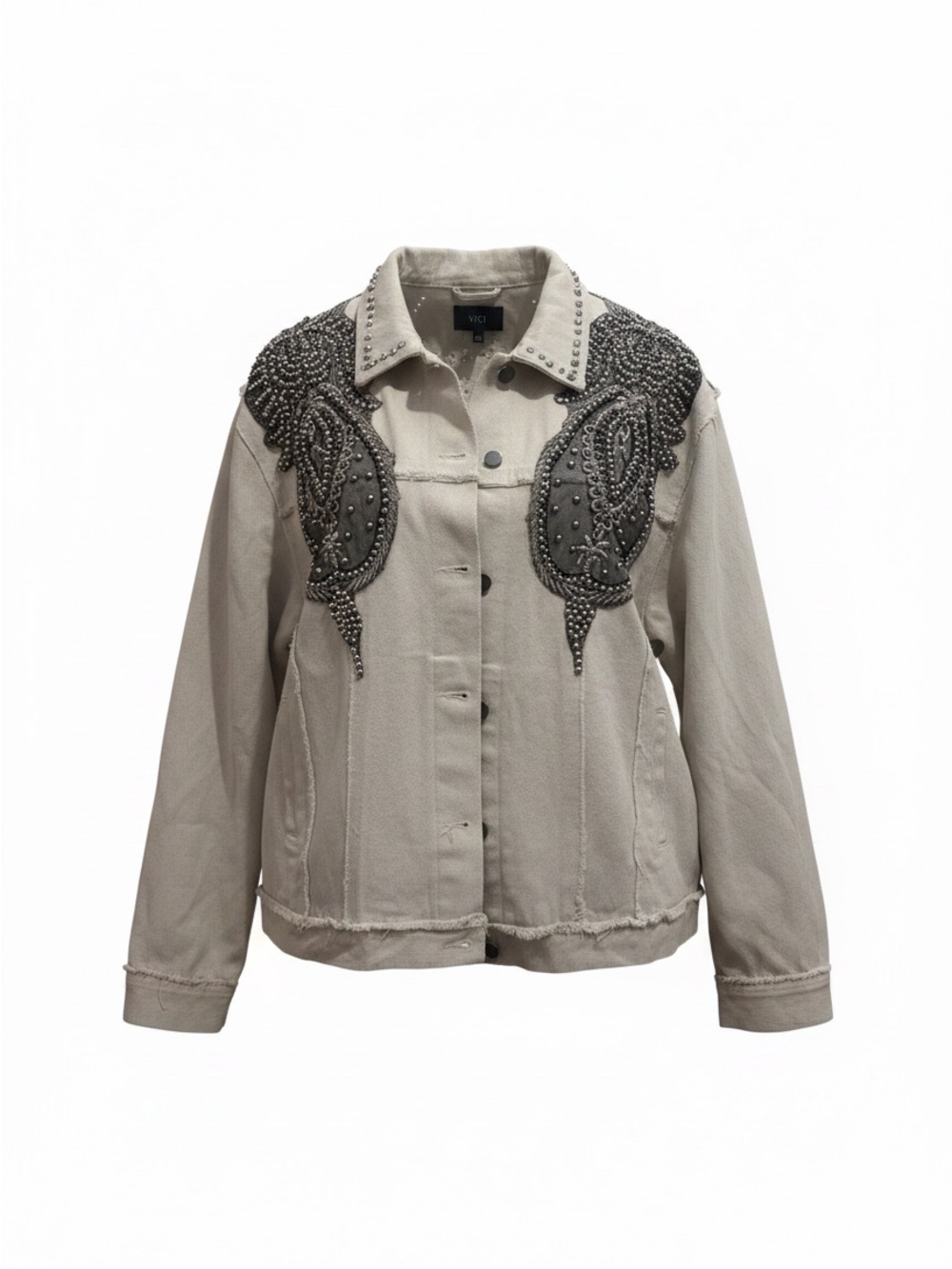 Vici Beige Embellished Jean Jacket with Studded Shoulders
